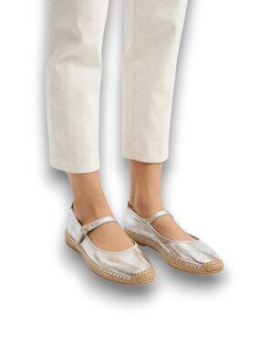 Tory Burch Mary Jane Espadrille Flats Metallic Silver Leather